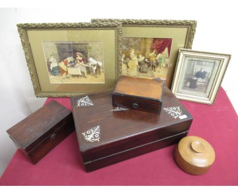 Victorian rosewood writing slope with mother of pearl inlay (lacking interior), 19th C flame mahogany tea caddy, walnut and e