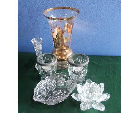 Pair of Swarovski crystal candlesticks signed, lead crystal candlestick in form of lotus leaf, Victorian molded glass bodied 