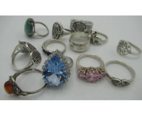Collection of various silver and other rings, stone set, signet, Celtic etc. 2.3oz gross sizes L, O/P, Q/R, O/P, P/Q, I/J, P,