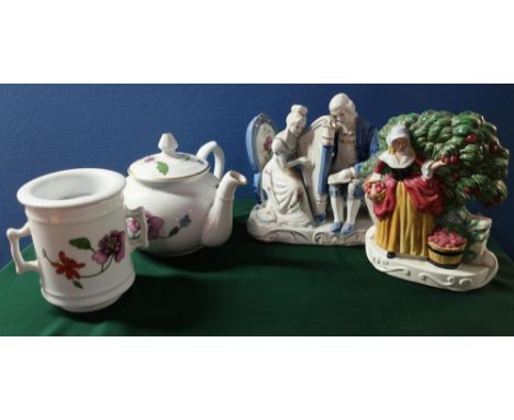 Pair of Masons Staffordshire flatback style figures, pair of  continental models of courting couples, a Royal Worcester Astle