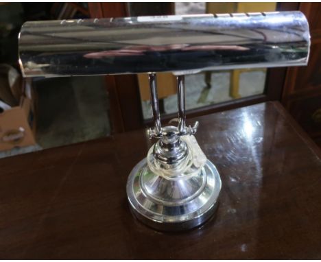 Chrome Bankers style desk lamp, adjustable column on stepped circular base, H34cm 