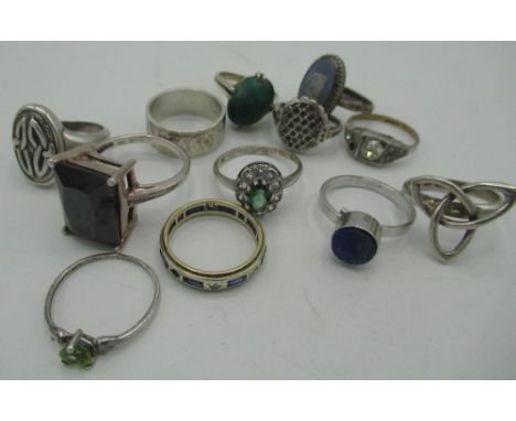 Collection of various silver and other rings in a variety of styles - stone set, signet, Celtic etc. 1.7oz gross, sizes P, N,