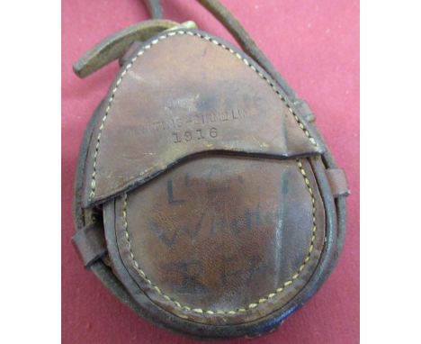WWI Martins-Birmingham Ltd brown leather marching compass case, complete with strap, stamped Martin's-BIRMm LIMD 1916, indist