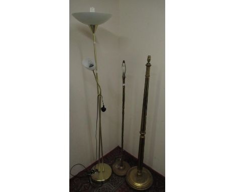 Hollywood Regency brass standard lamp, column in the form of bamboo, painted gilt standard lamp, lacquered brass uplighter (3