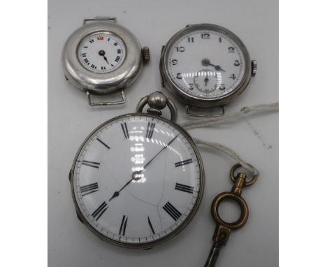 Continental Fine Silver fob watch with white enamel Roman dial and two continental silver wrist watches, both stamped 925 (3)
