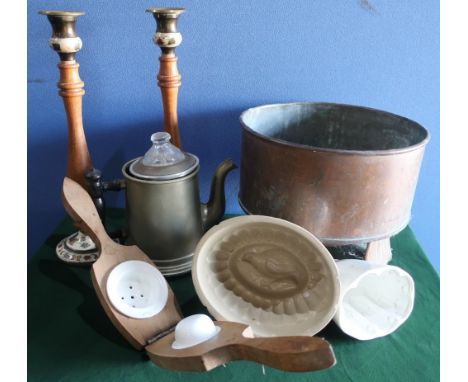 Vintage Elkington's 409 Bandage Winder with retail label Tomas J.S. Swires London, a lemon squeezer, copper two handled pan, 