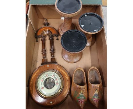 Early 20th C beech cased aneroid barometer with marquetry &amp; mother of pearl inlay, a pair of turned mahogany candlesticks