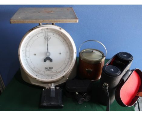 Post Office No.3 Salter thermoscale parcel scale, binoculars, two section spirit flask, 1930's biscuit barrel with plated top