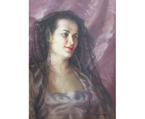 A.G. McManus (British, 20th century): Head and shoulder portrait of a Spanish beauty, oil on board, signed and dated 60, 60cm