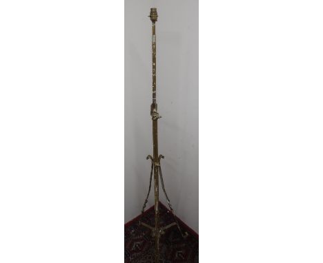 Early 20th C wrought metal adjustable standard lamp with gilt finish, H150cm 