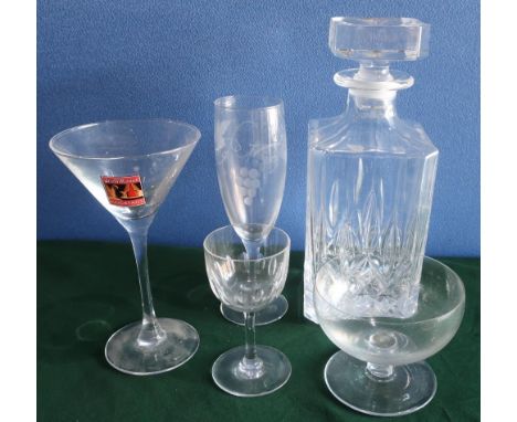 Ships type decanter, crystal whisky decanter, large beer glass, other glasses, and a selection of ball point pens 