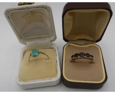 9ct gold hallmarked cushion cut jade ring, size O, and a 9ct gold hallmarked 5 stone garnet dress ring, size L 