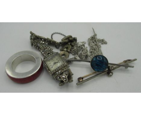 Silver frog pendant, stamped sil. on rope chain, a scarf ring stamped 925, a butterfly wing and a two stone bar brooch, and a