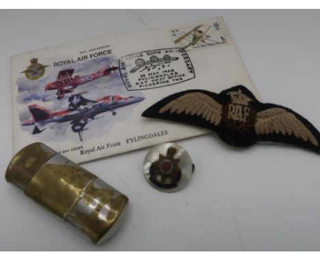 Royal Sussex Regt. Mother-of-Pearl and enamel sweetheart brooch, a pair of RAF cloth wings, RAF 50th Anniversary Fylingdales 