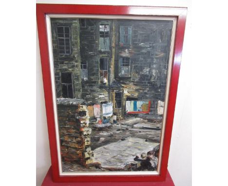 K Taylor (Contemporary): Children playing in a back yard, oils on board, signed, 86cm x 59cm 