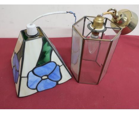 Tiffany style centre lamp shade, a Georgian style lacquered brass hexagonal hall lantern with bevel edged panels (2) 