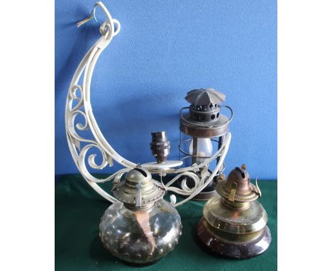 Brass oil lamp converted to electric, a Chalwyn Tropic Tilly type lamp, three oil lamps with glass shades etc (two boxes) 