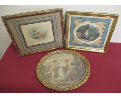 Early 20th C oval mezzotint engraving of Cupid, 24cm x 19cm, another of a mother with child and fox, and a French study of a 