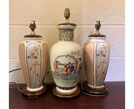 Pair of Oriental style hexagonal table lamps, another table lamp decorated with figures and a set of four two branch wall lig