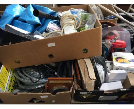 THREE BOXES OF MISC., ROPE LIGHT, RECHARGEABLE DRILL, CABLE  ETC