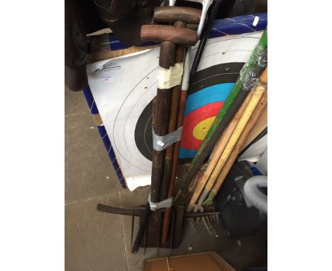 SPADE, FORK, PICK AXE AND GARDEN HOE