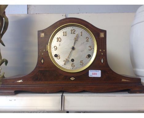 INLAID MAHOGANY MANTEL CLOCK - NO BEZEL. L45CM        J5