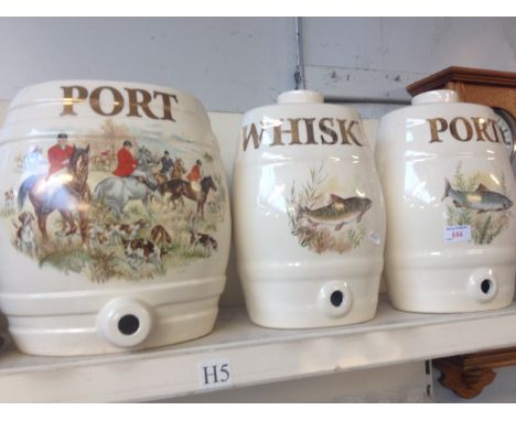 TWO PORT AND ONE WHISKY POTTERY BARRELS WITH FISH OR HUNTING SCENES  32CM