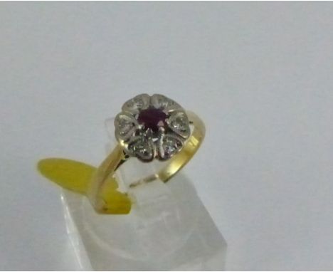 18ct yellow gold ruby and diamond cluster ring, size L