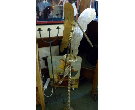 Tall floor standing brass folding butterfly screen with lamp holder and dragon design and three branch candelabra, H - 157cm