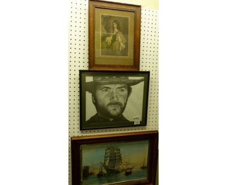 Print of sail ship, young cavalier in oak frame and drawing of Clint Eastwod