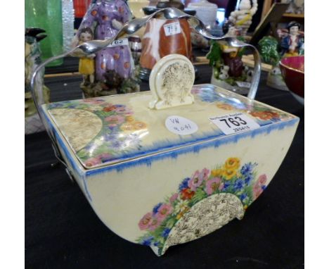 Biscuit barrel A J Wilkinson Honeyglaze Springtime pattern no 7105 semi circular shape and twisted handle L:20 cms