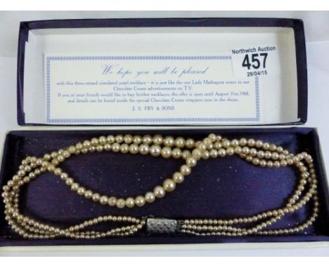 &nbsp;J.S.Fry and Sons three strand simulated pearl necklace c1960 (copy as worn in Frys Chocolate Cream advert) L ~ 43cm
