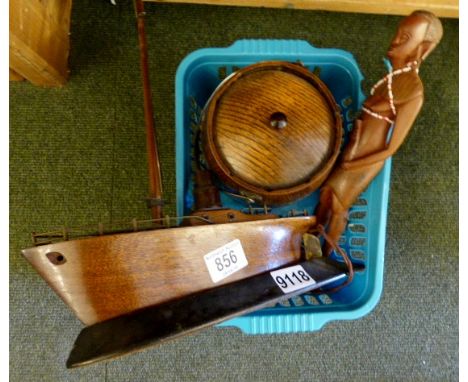 Old ship light, wooden biscuit barrel and ethnic carving