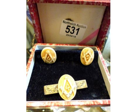 Pair of Masonic cufflinks and matching tie pin ~ Box states genuine ivory