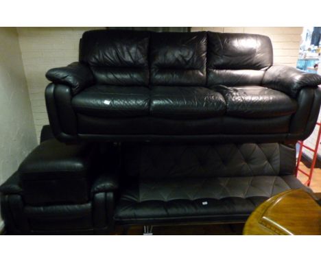 Black leather sofa, chair and pouffe