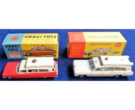 Toys, Corgi and Dinky, 2 boxed die-cast models. Corgi Superior Ambulance on Cadillac Chassis (red light non-operational) and 