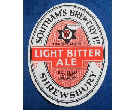 Beer label, Southam's Brewery Ltd, Shrewsbury Light Bitter Ale, vertical oval, 97mm high (small hole to top right, otherwise 