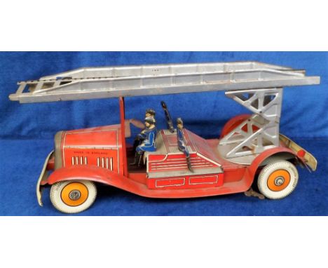 Tin Plate Clockwork Fire Engine, complete with 4 detachable firemen and turntable ladder. Marked 'Made In England' and tin 't
