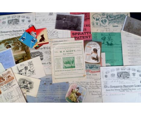 Ephemera, Dogs, including licences from 1870, 1902, 1971, 4 page die cut calendar 1900, dog food adverts (Spratt's, Derby), H