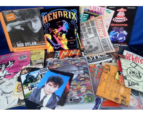 Music, a quantity of vintage music related ephemera to include pin badges, books ( The Bob Dylan Scrapbook 1956-1966 in slip 