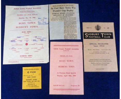 Football, Suffolk Premier Cup Finals played at Portman Rd Ipswich, Bury Town v Sudbury 18 Apr 1960 with match ticket, togethe