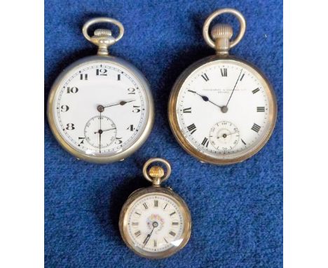 Watches, 3 Open Faced Pocket Watches  to comprise a ladies silver cased watch with enamel face decorated with flowers (approx