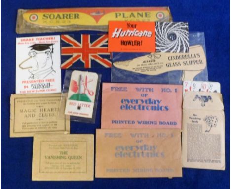 Trade issues, a collection of 10 giveaway items inc. Adventure 'Soarer Plane', Boys Broadcast  'The Vanishing Cards' trick, A