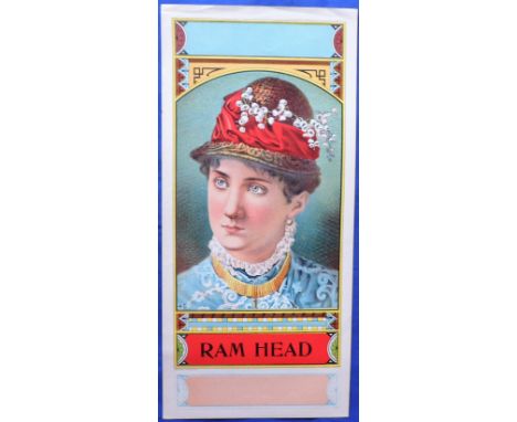 Tobacco advertising, USA, Ram Head Tobacco, large crate label, illustrated with colour image of beauty, portrait style, 17cm 
