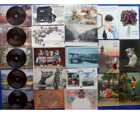 Postcards, Novelty, a collection of approx. 30 cards inc. record, glass eyes, squeakers, match-striker, hold-to-light, appliq