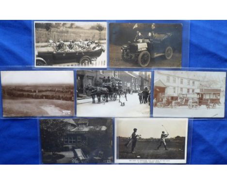 Postcards, 7 RP cards inc. 3 vehicles outside garage/shed (bus, charabanc &amp; taxi), well animated street scene with horse-