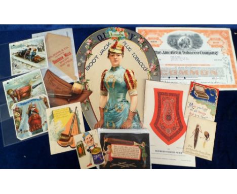 Ephemera Tobacco, to include 'Boot Jack' show card, share certificate, snuff envelopes (Sharrow Mills, Wilson's S.P. No.1, Hi