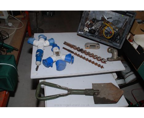 Various wooden drill bits, a tow hitch, folding military style shovel, 240 volt splitters, tools, etc.,