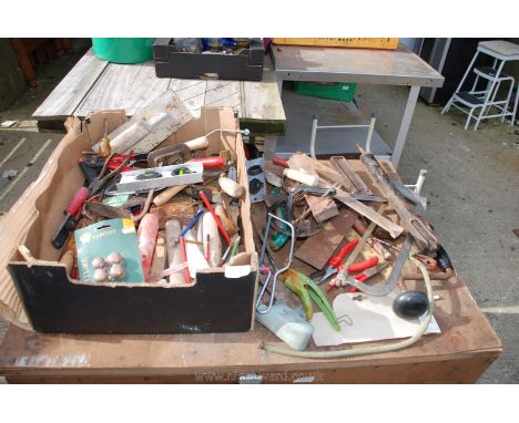 Box of various hammers, hand tools, rules, set square etc