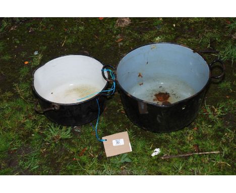 Cast enamel swing pot and one other